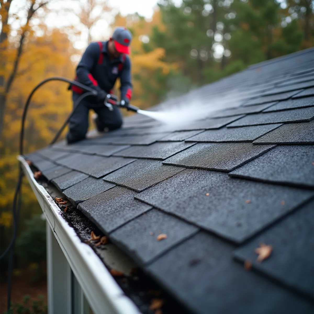 Asphalt shingle roof with black algae streaks on the shaded slope
