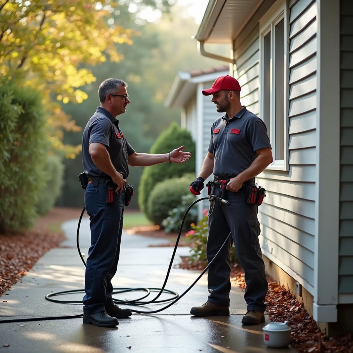 Contractor reviewing exterior surfaces with a homeowner at a Georgia home