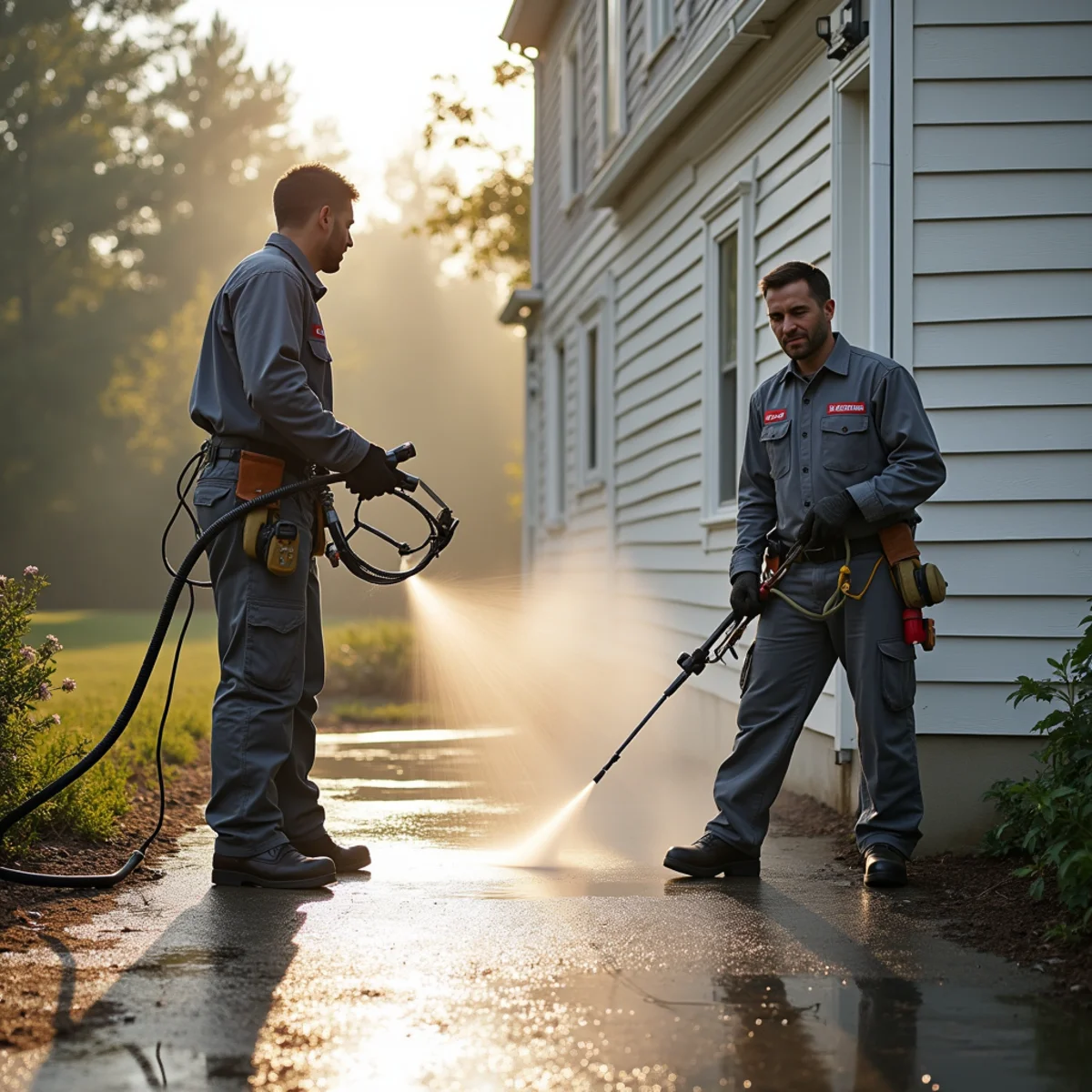 Side-by-side comparison of soft washing house siding and surface cleaning a concrete driveway