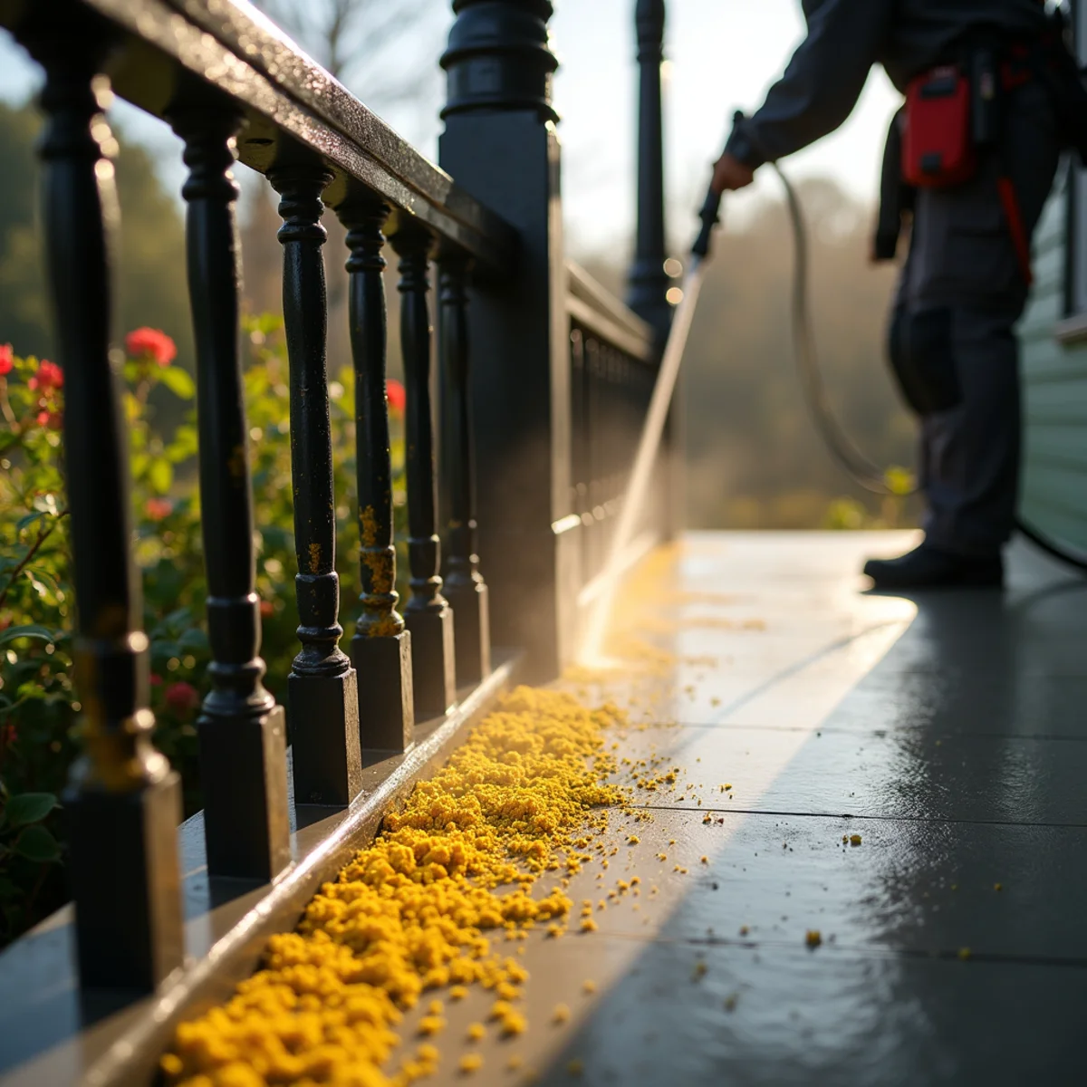 Yellow spring pollen dust settled on a dark porch railing and window sill