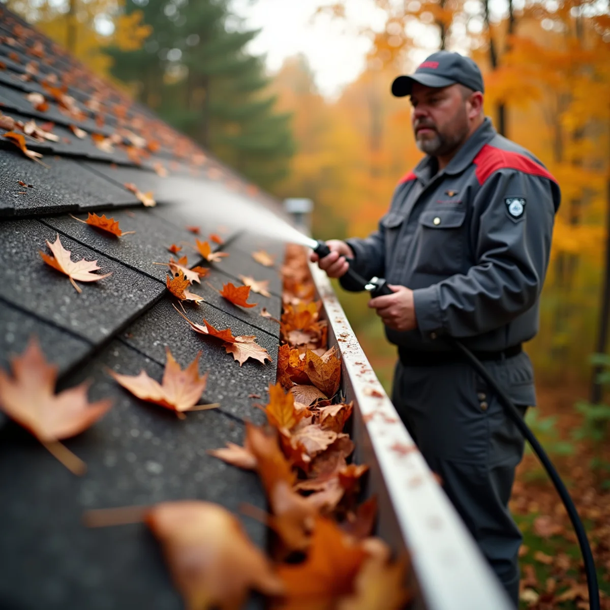 Autumn leaves collected along the roofline gutter of a wooded-lot home