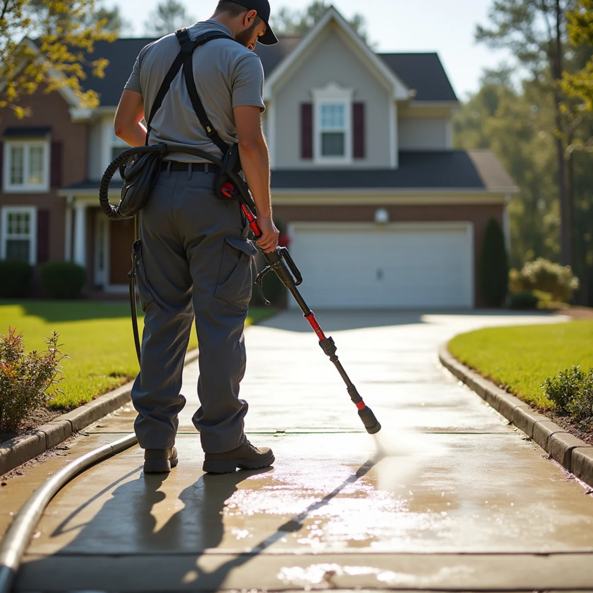 Freshly cleaned bright concrete driveway and front walkway of a market-ready home