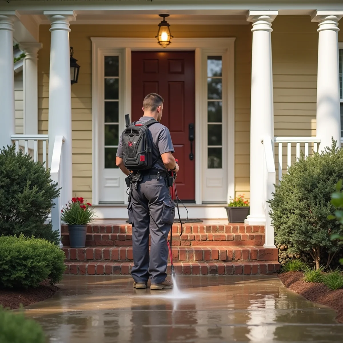 Clean, inviting front entry and porch of a home prepared for listing photos