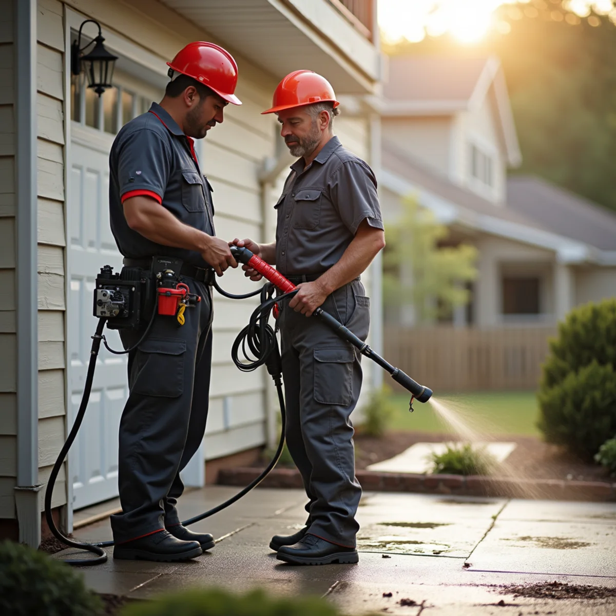 Exterior-cleaning contractor and a homeowner reviewing a home's siding and driveway together