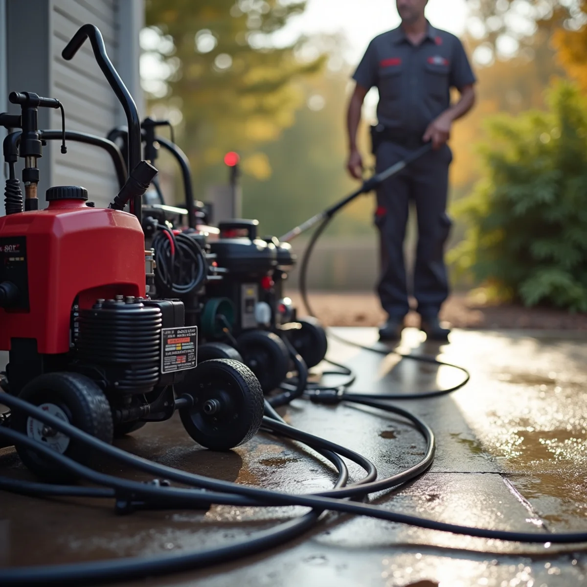 Tidy, well-maintained professional pressure-washing equipment and hoses staged neatly