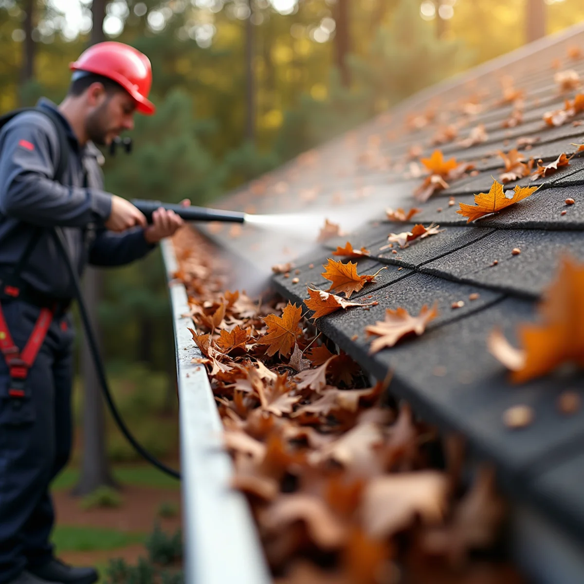 Gutter packed with autumn oak and pine debris on a North Georgia roofline