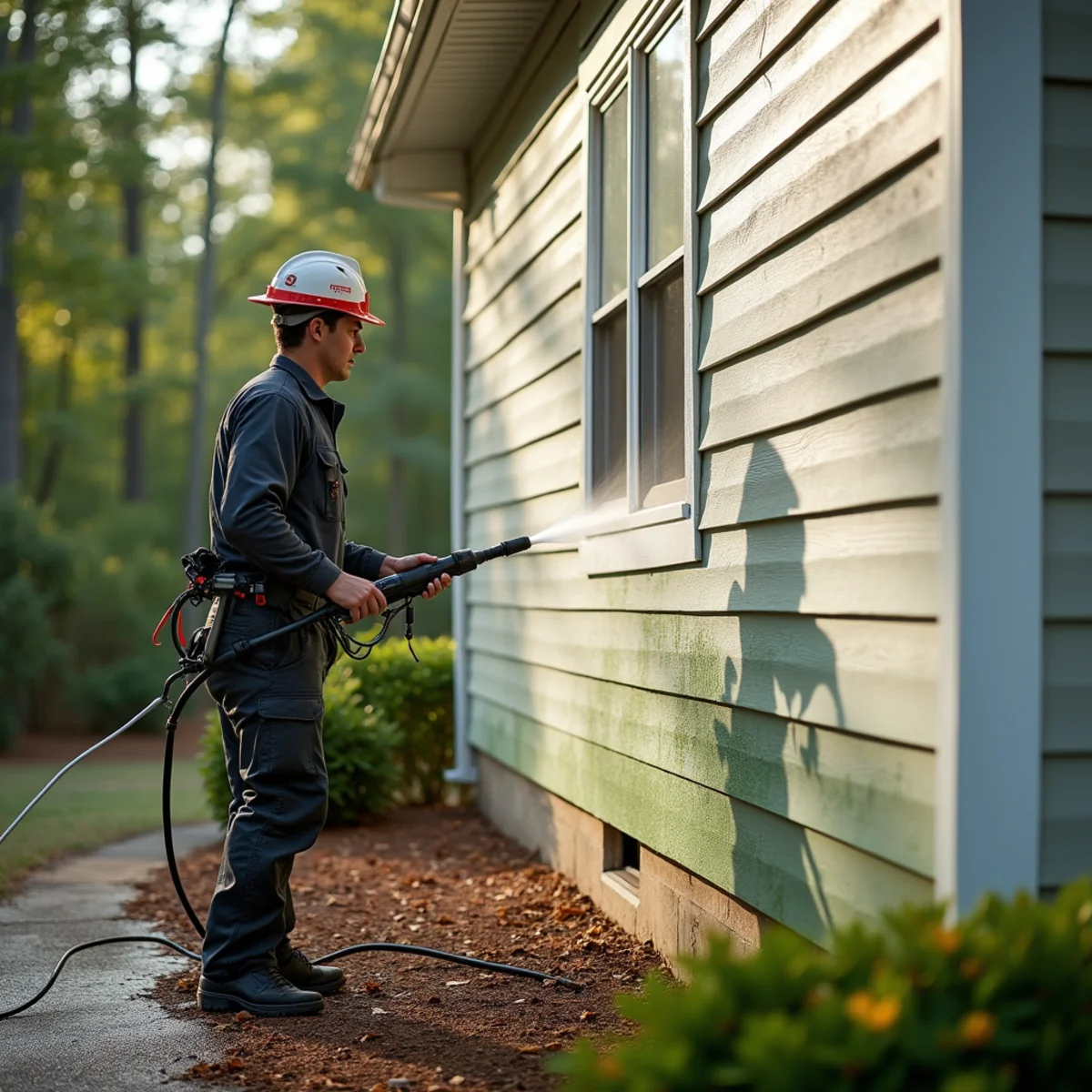 Early green algae film beginning on the shaded, north-facing wall of a Georgia home