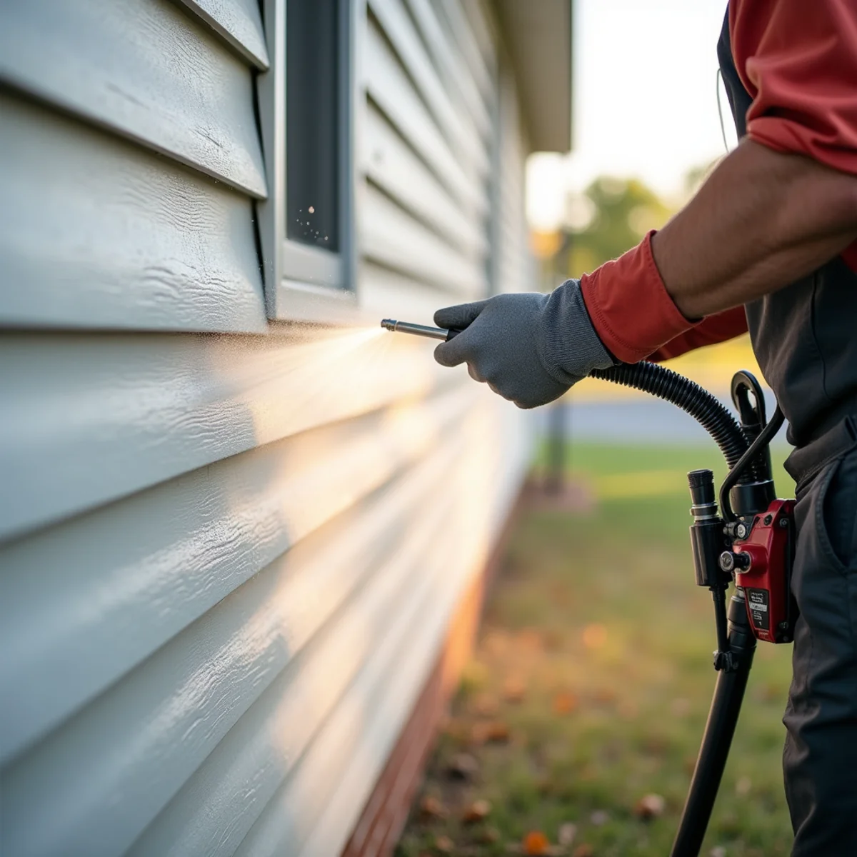Low-pressure fan spray gently rinsing pale vinyl siding with soft water sheeting