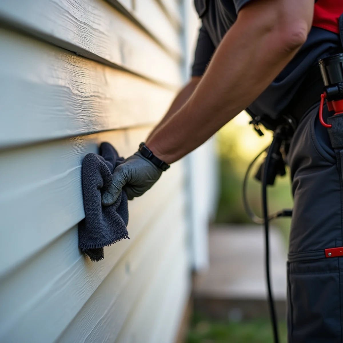 Hand wiping a dark cloth across sun-faded vinyl siding, showing chalky white residue
