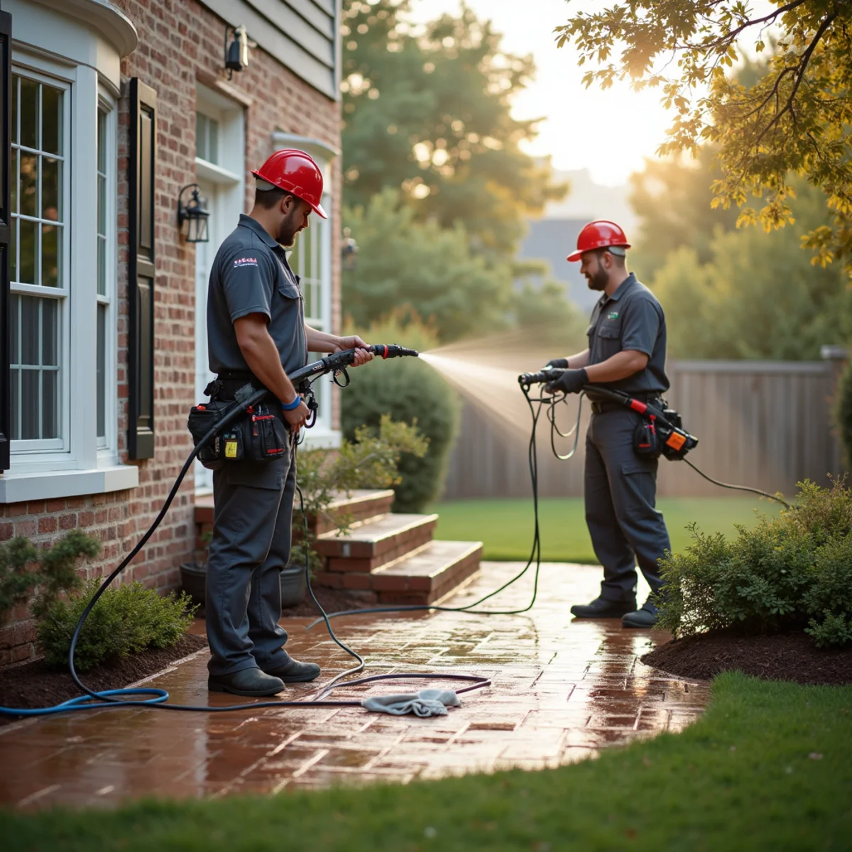 Tidy home exterior prepared for cleaning with windows closed and patio furniture moved aside