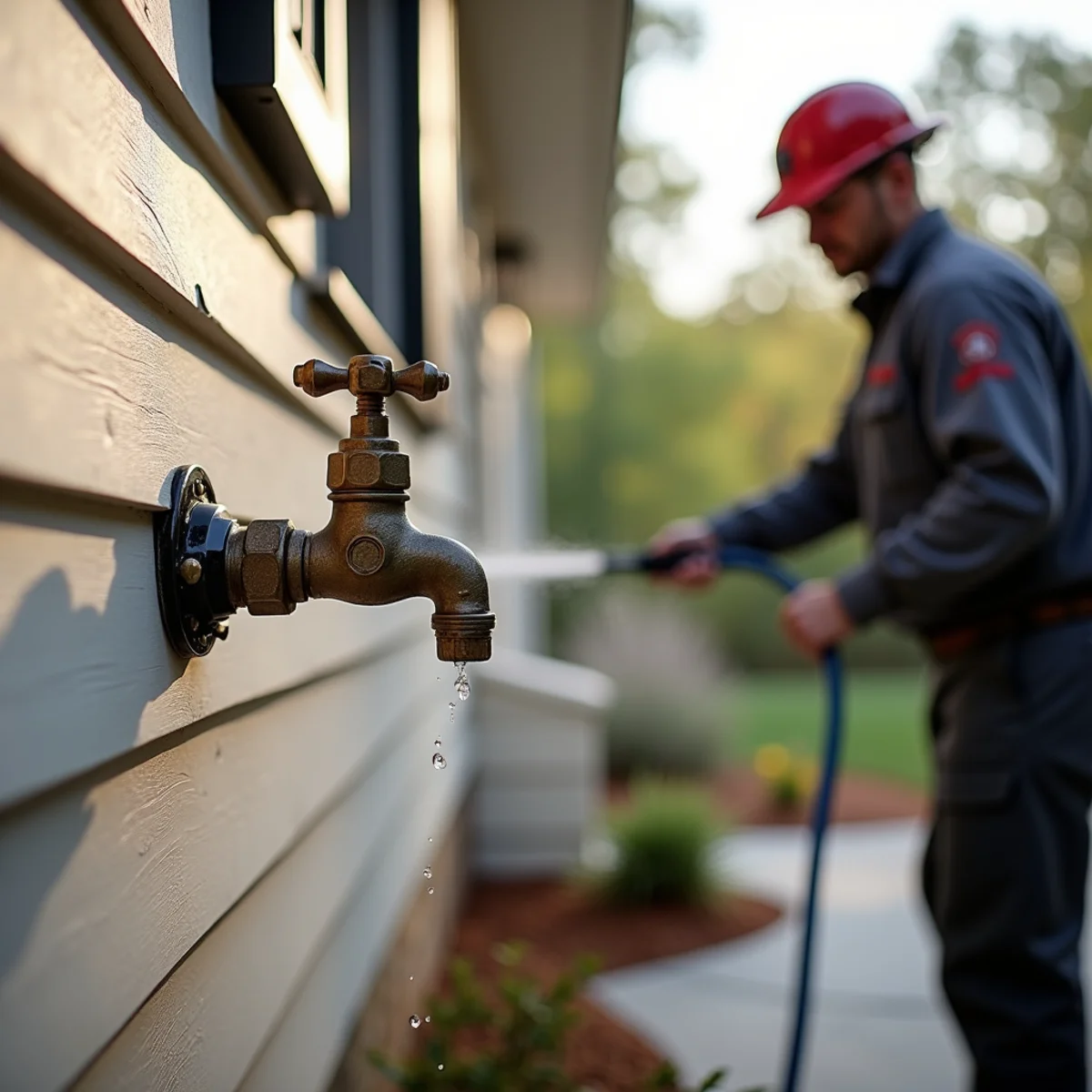 Accessible exterior water spigot on a home wall with clear surroundings