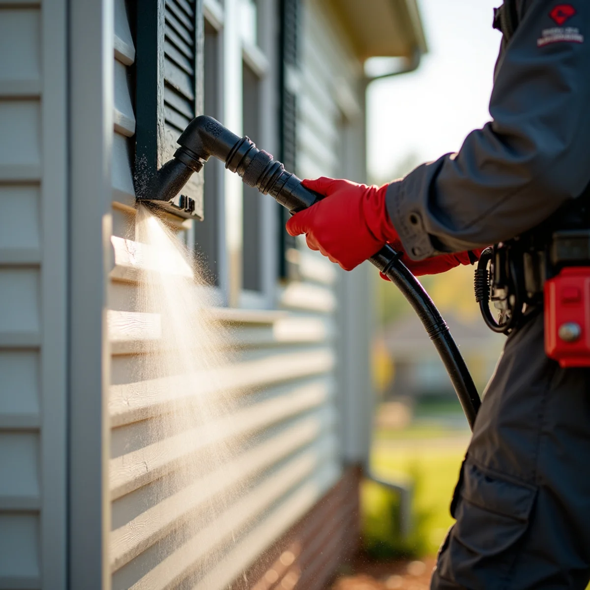 Low-pressure soft-wash spray gently rinsing house siding, water sheeting down the wall