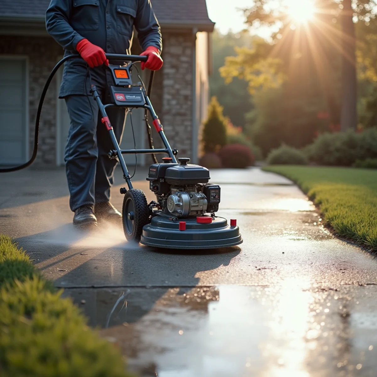 Rotary surface cleaner producing an even clean line across a concrete driveway