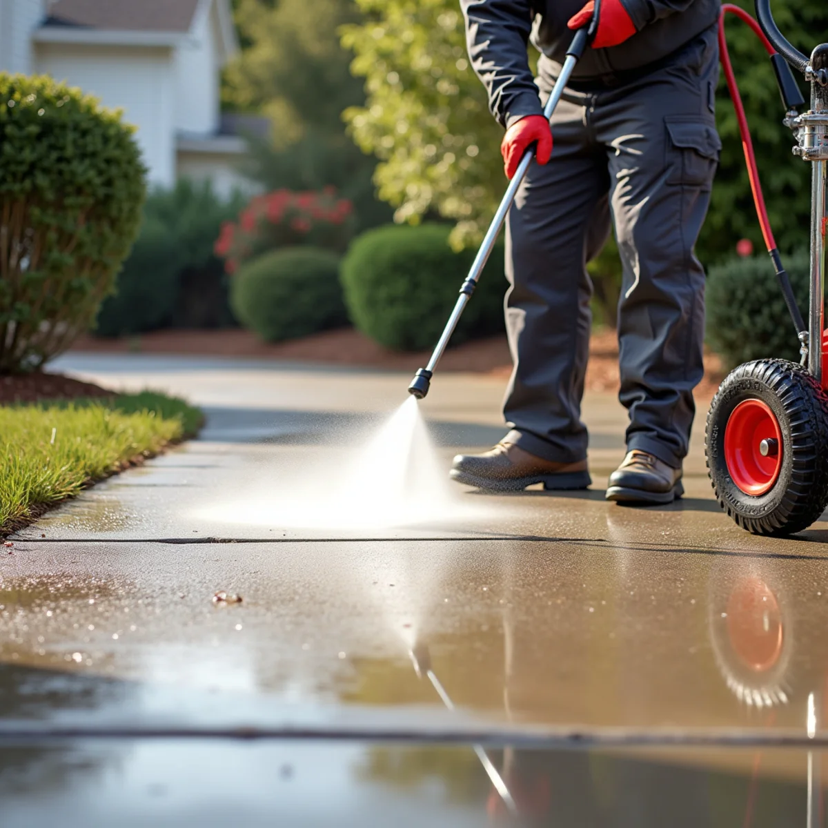 Concrete driveway section mid-treatment as a surface cleaner lifts the clay discoloration