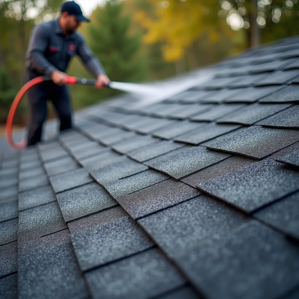 Close-up of black algae streaks on a shaded asphalt-shingle roof slope
