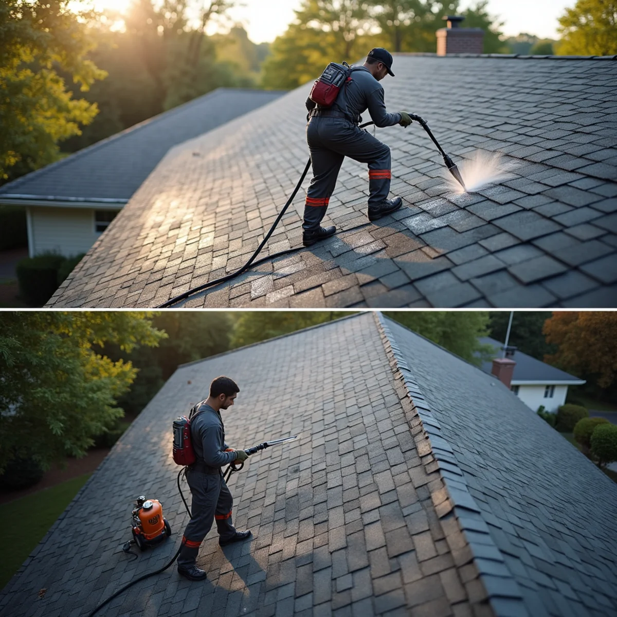 Roof with a streaked slope beside an adjacent slope that looks naturally cleaner