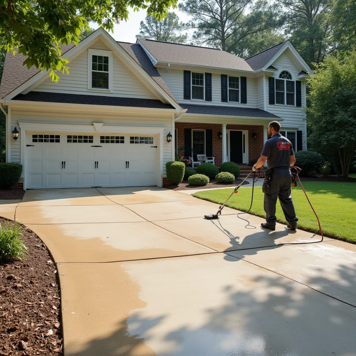 The same concrete driveway with an even, clean finish after surface cleaning