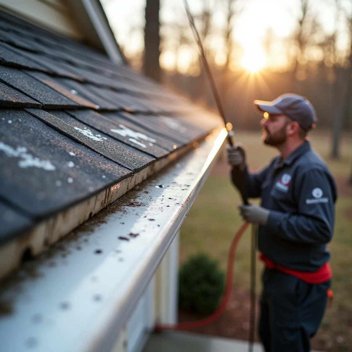 The same gutters with a restored white finish after brightening