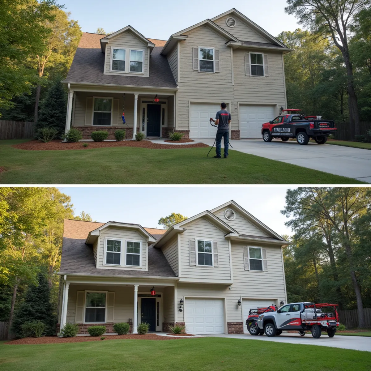 The same siding clean and bright after a low-pressure house wash