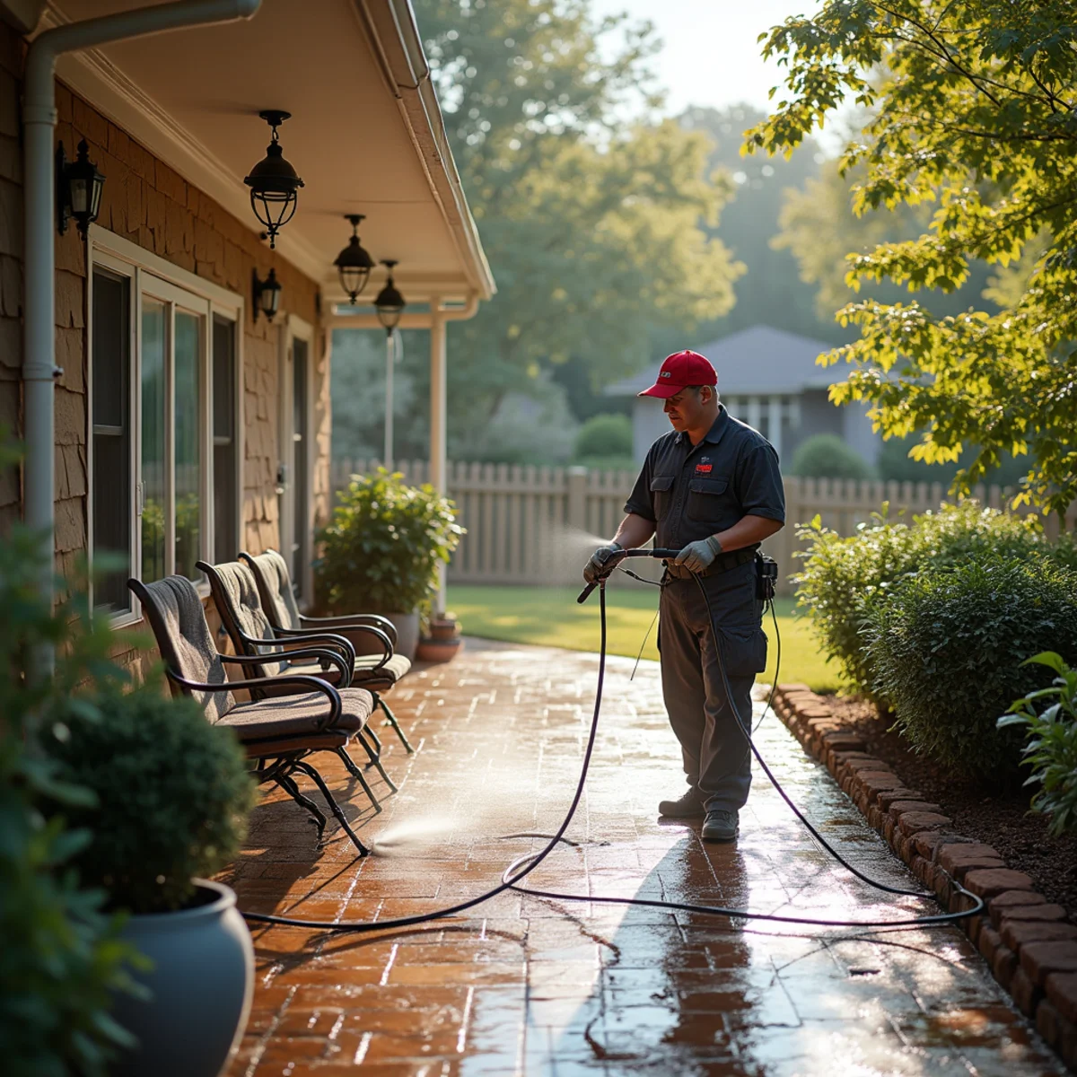 The same patio evenly cleaned with algae and dirt removed