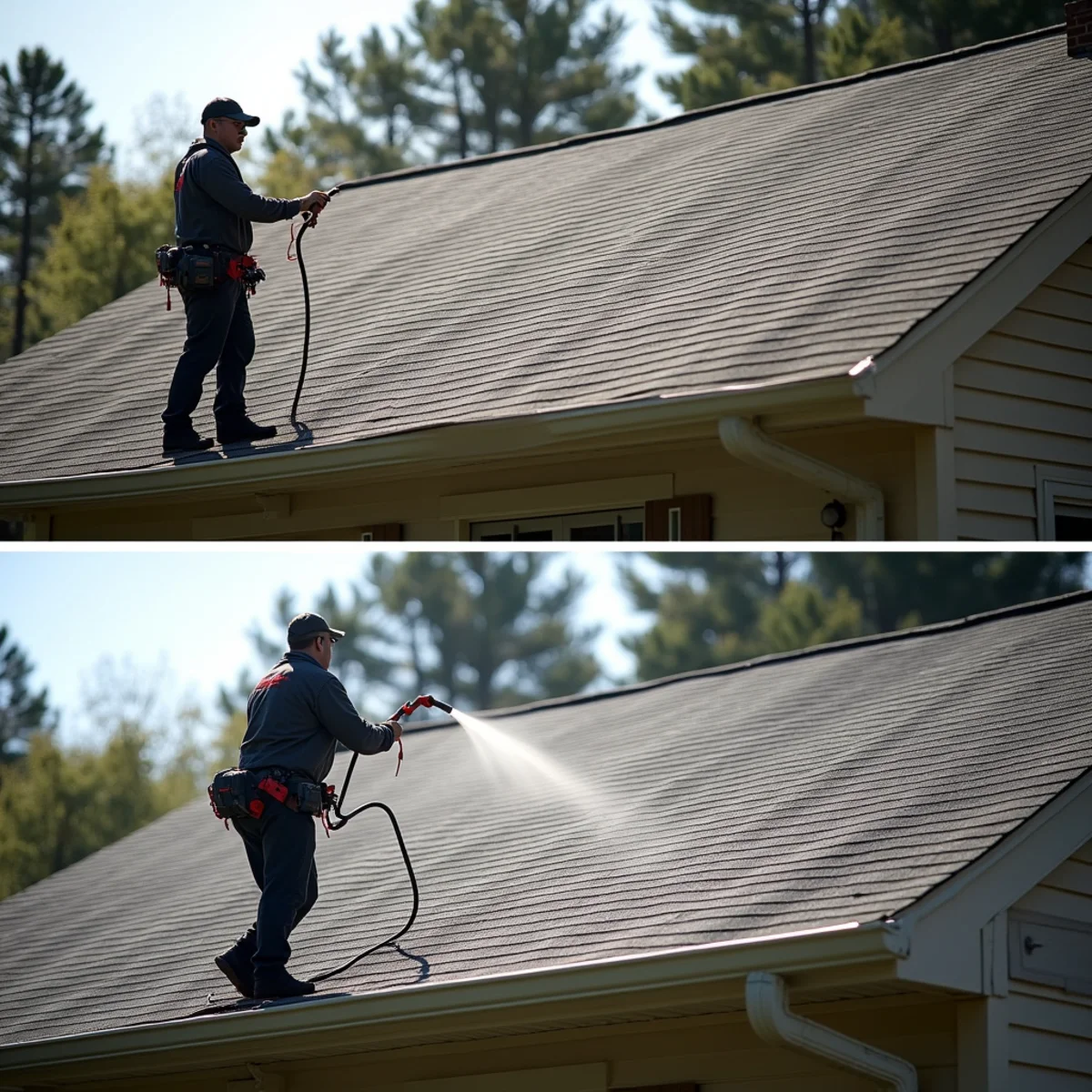 The same roof with black streaking removed after a low-pressure treatment