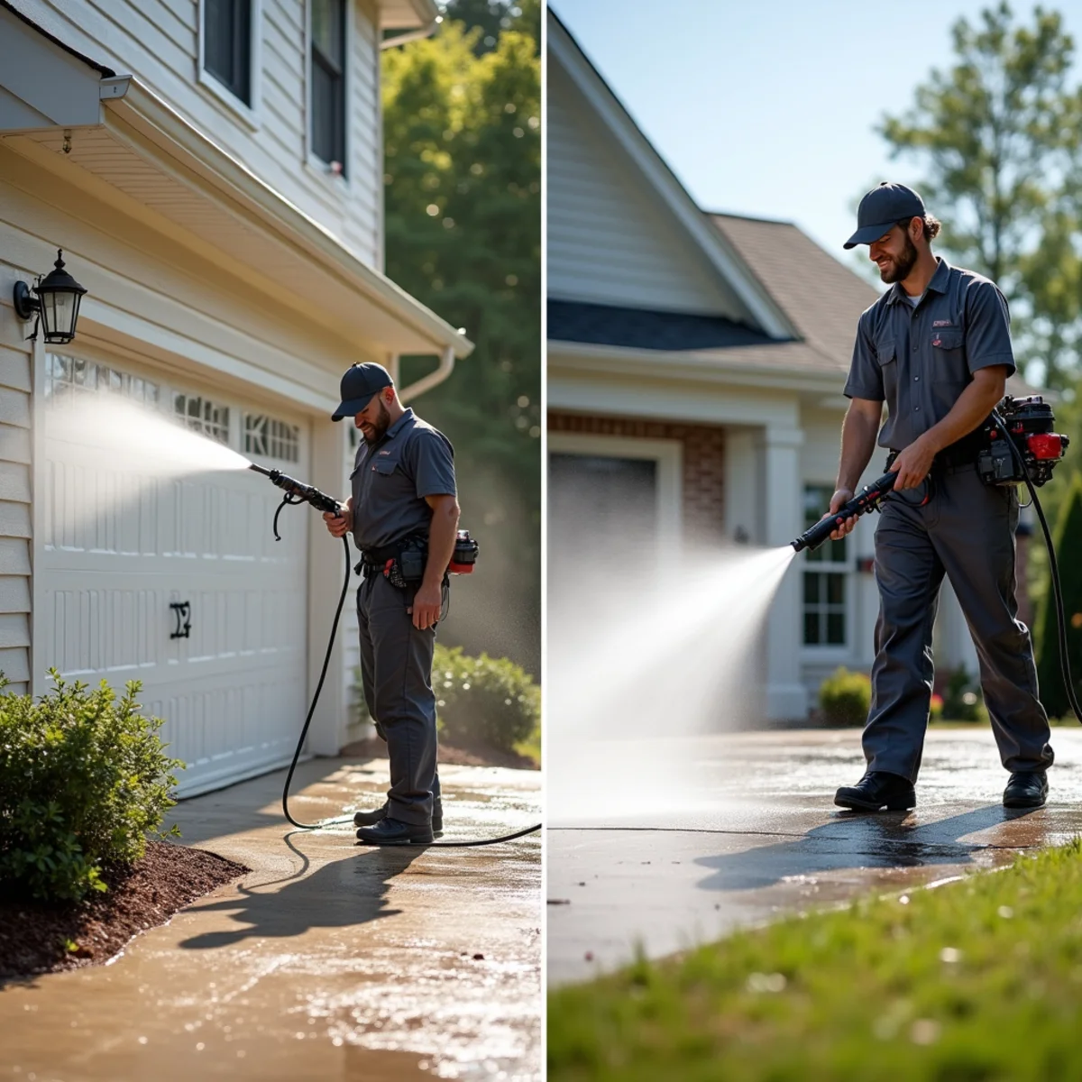 Soft washing siding and pressure washing a concrete driveway using surface-specific methods