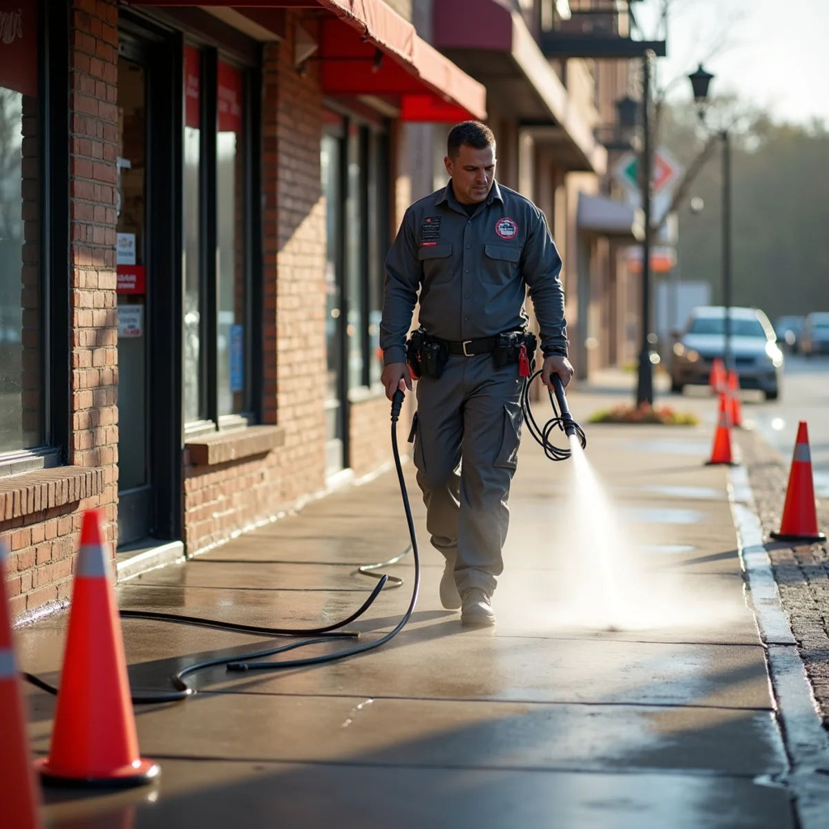 Technician running a surface cleaner across a retail storefront sidewalk before opening