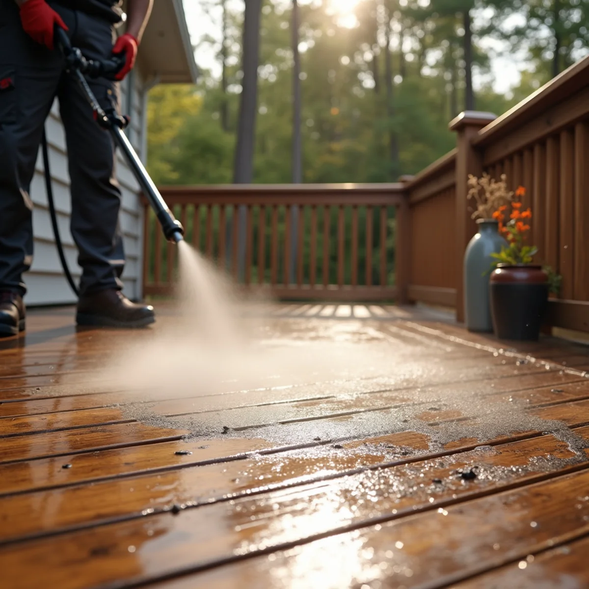Wood-safe low-pressure wash restoring the grain on a weathered wooden deck