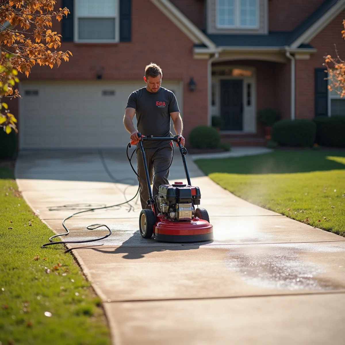 Surface cleaner lifting red-clay staining from a concrete driveway, half cleaned