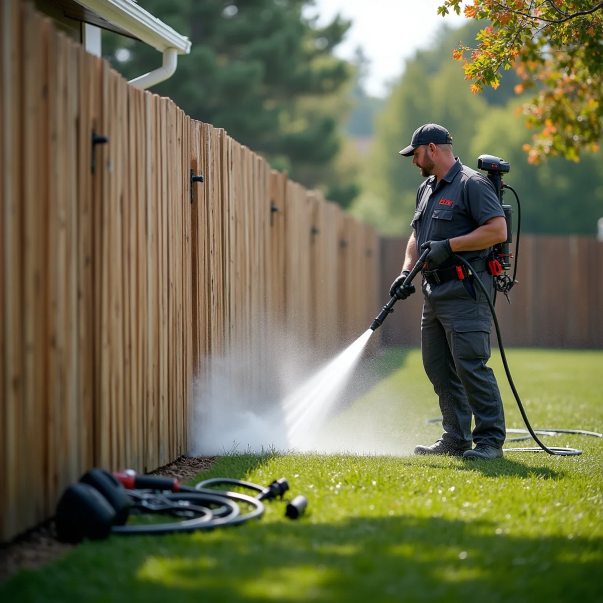 Gentle controlled wash lifting gray weathering from a wood privacy fence