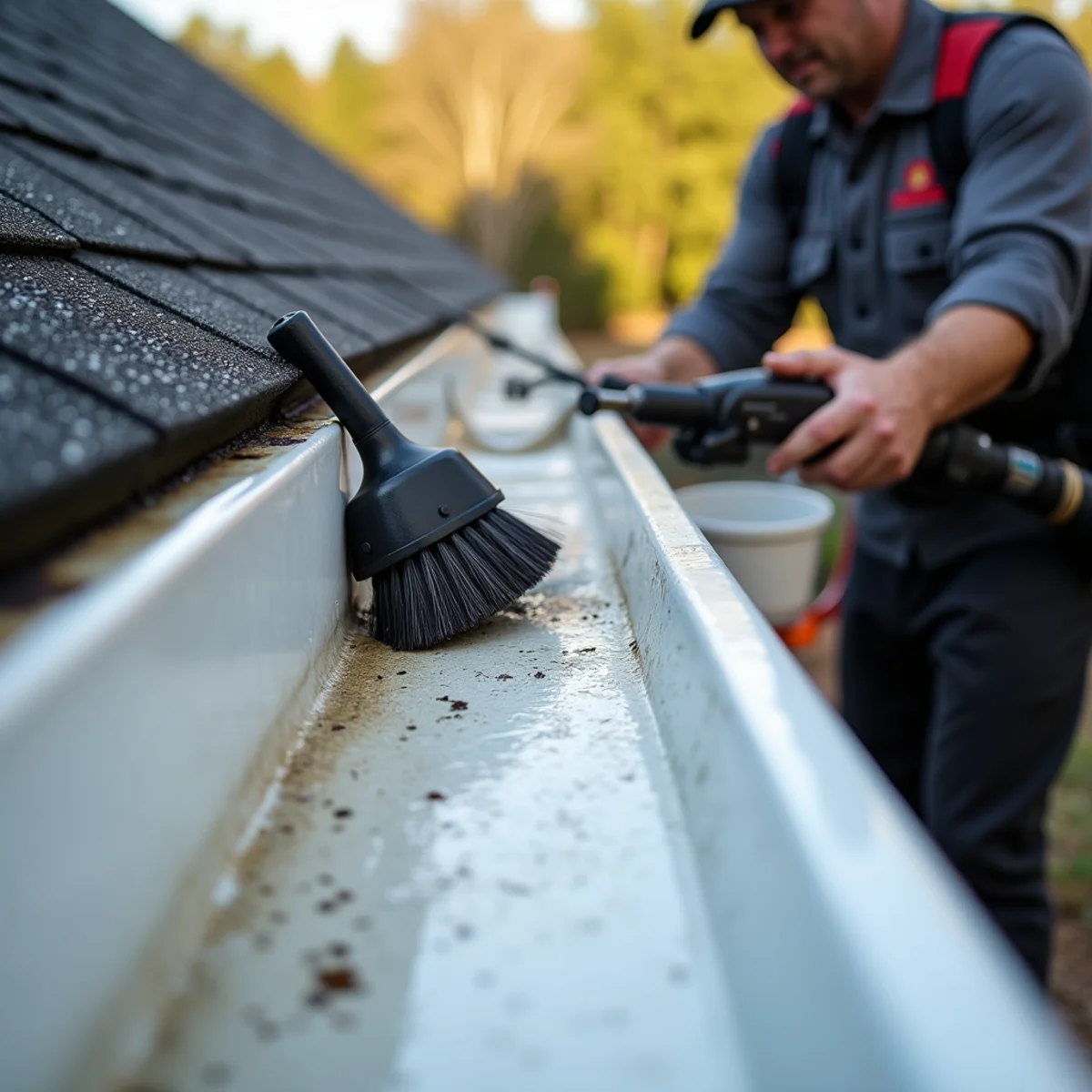 Soft brush and controlled solution lifting dark oxidation streaks from a white gutter face