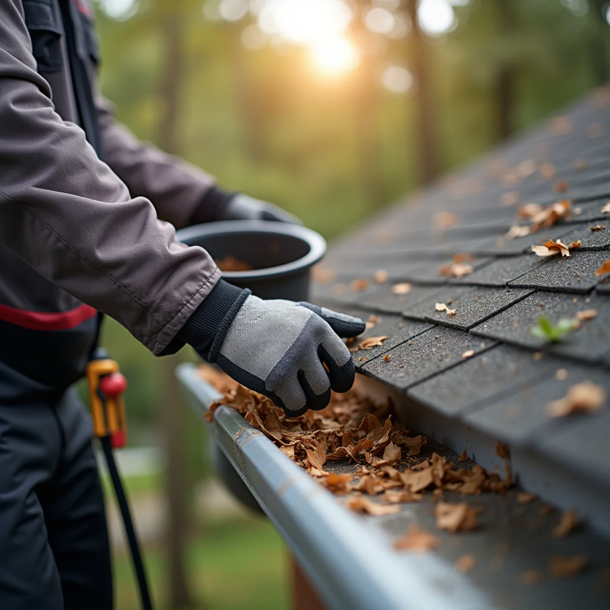 Gloved hands removing leaves and debris from a gutter into a bucket from a stable ladder