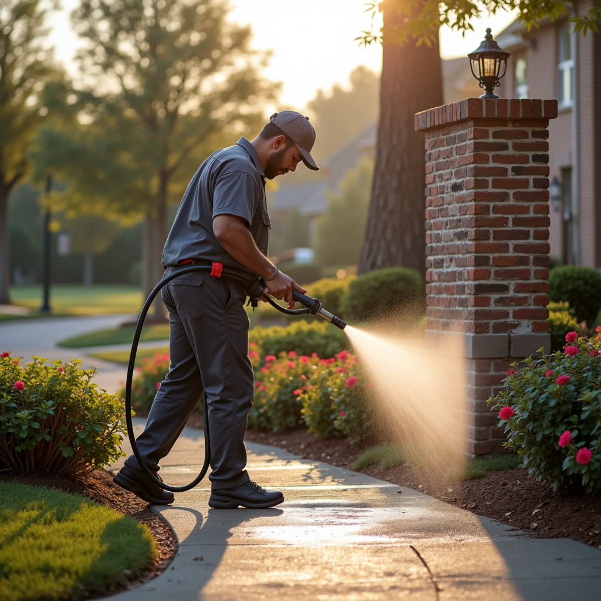 Technician gently soft washing a brick-and-stone neighborhood entrance monument