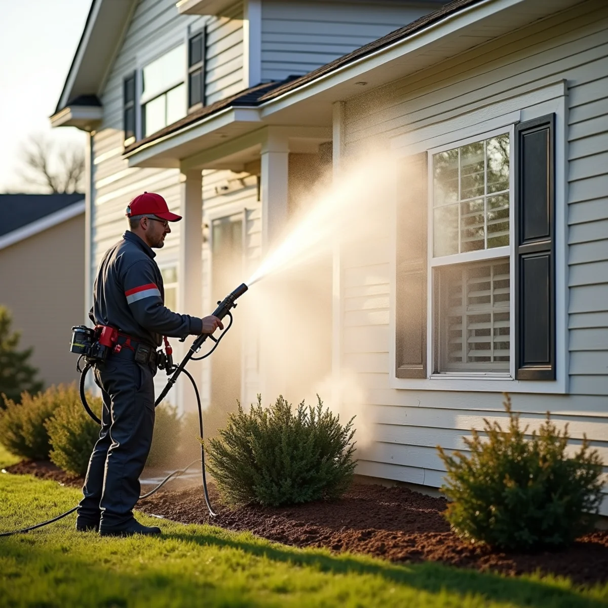 Low-pressure soft-wash spray rinsing light vinyl siding from ground level