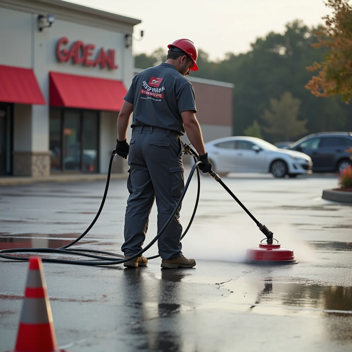 Surface cleaner working a section of a commercial parking area with cones separating zones
