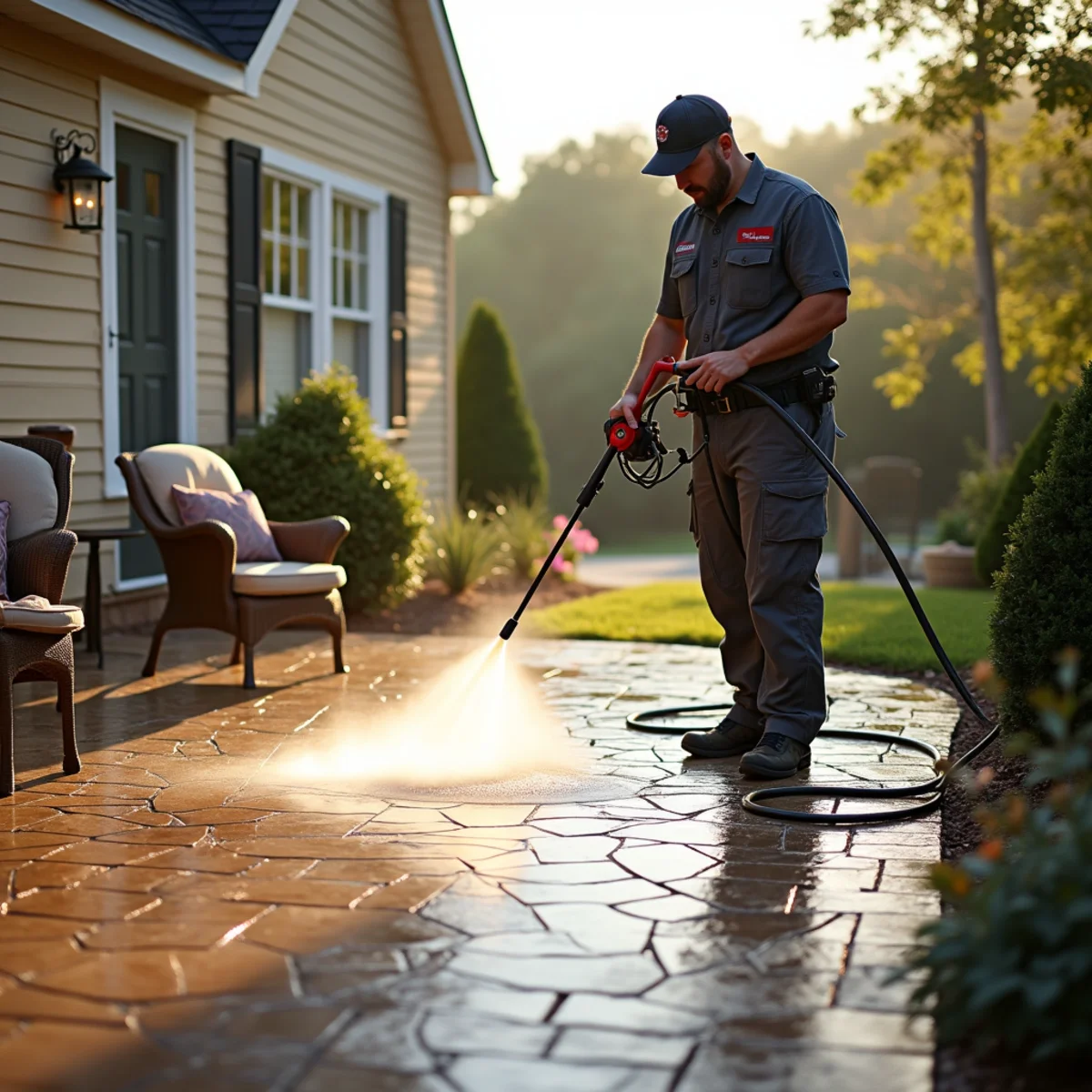 Technician cleaning a paver patio with careful technique, joint sand intact
