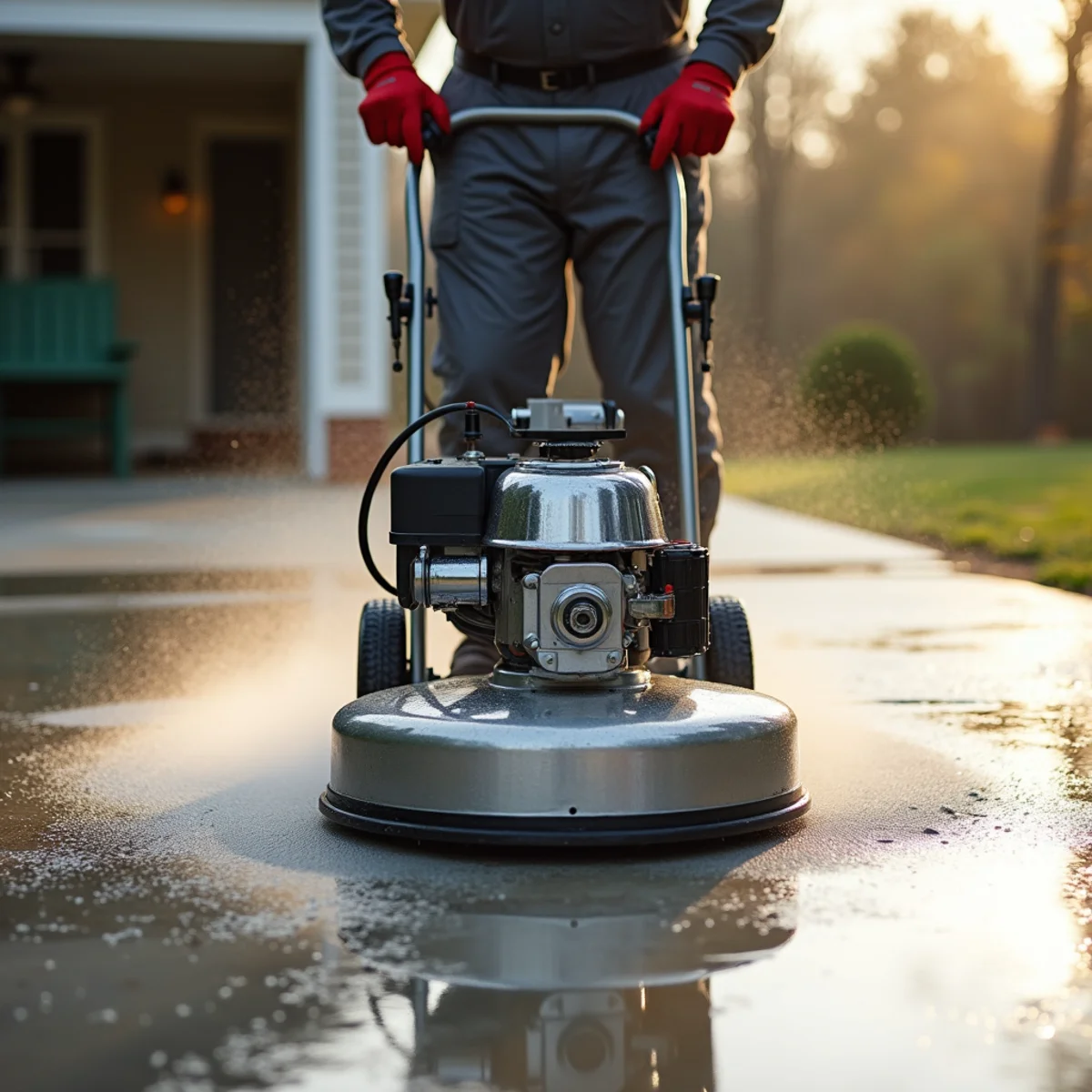 Rotary surface cleaner mid-pass on a concrete driveway with a clean line emerging behind it