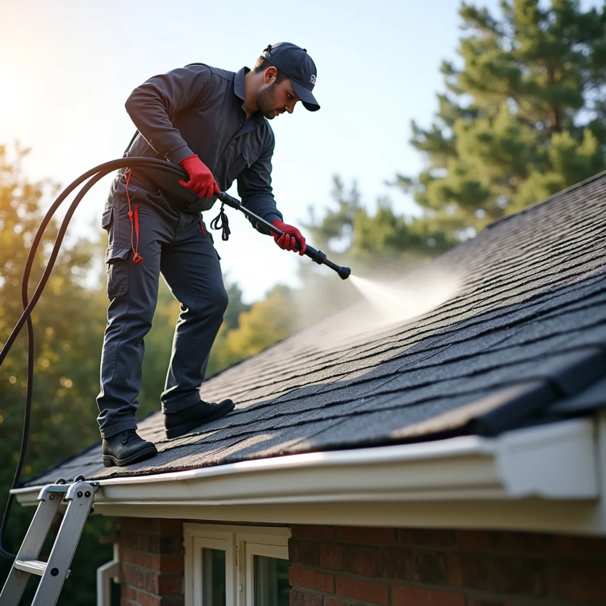 Technician applying a low-pressure treatment to streaked shingles from a safe ladder position