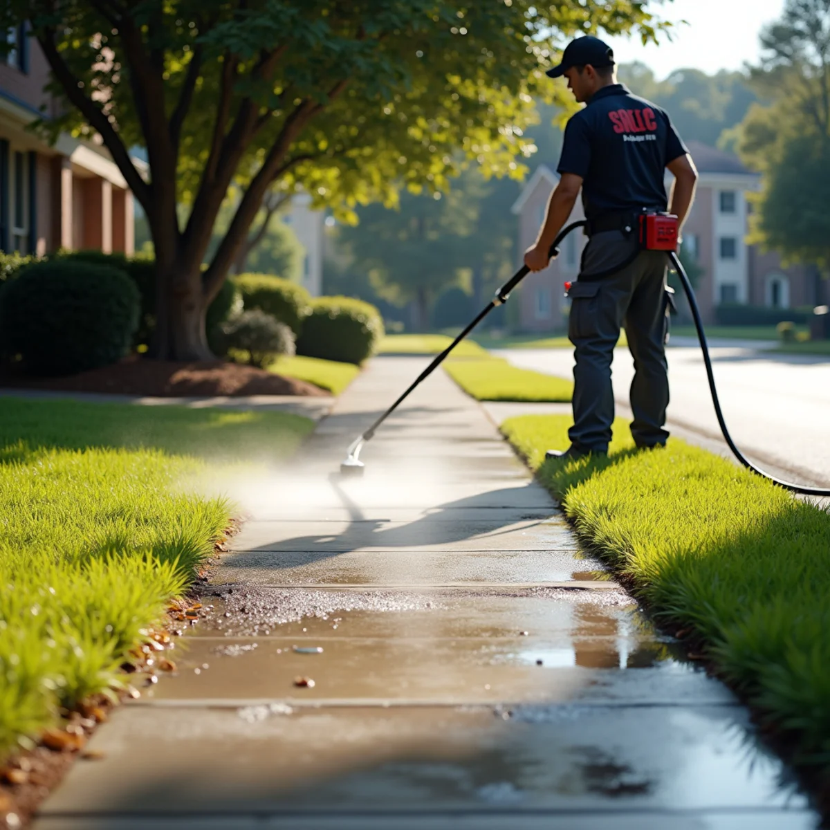Shaded neighborhood sidewalk mid-clean with dark buildup ahead and bright walkway behind