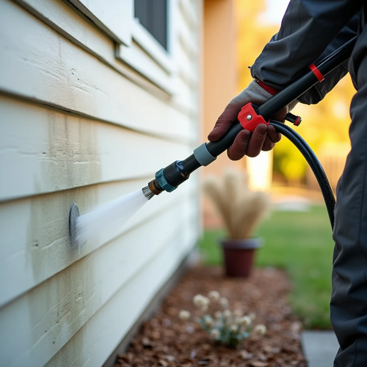 Low-pressure nozzle applying cleaning solution to algae-streaked siding as it fades lighter