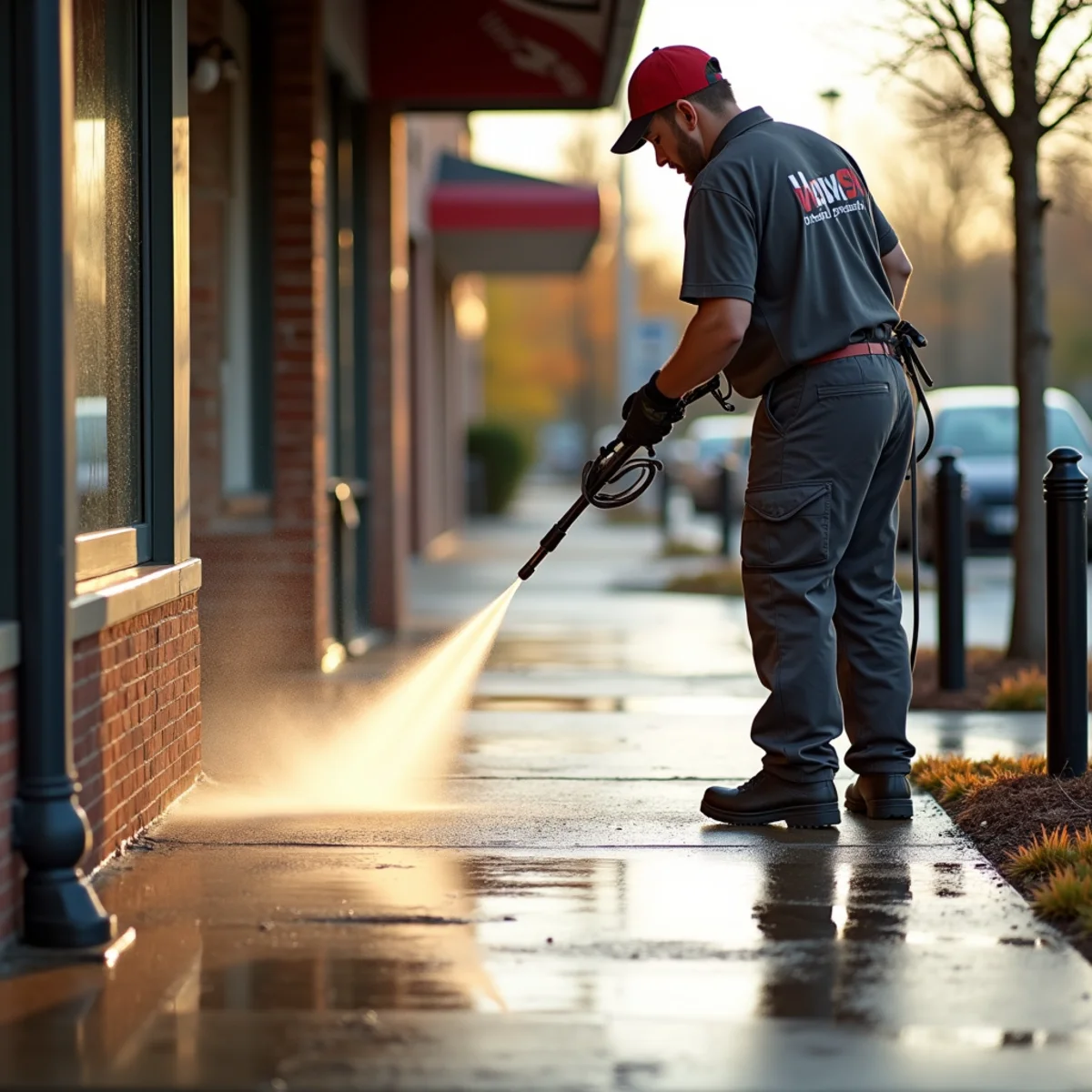 Entry sidewalk being cleaned at a storefront as gum and grime spots lift