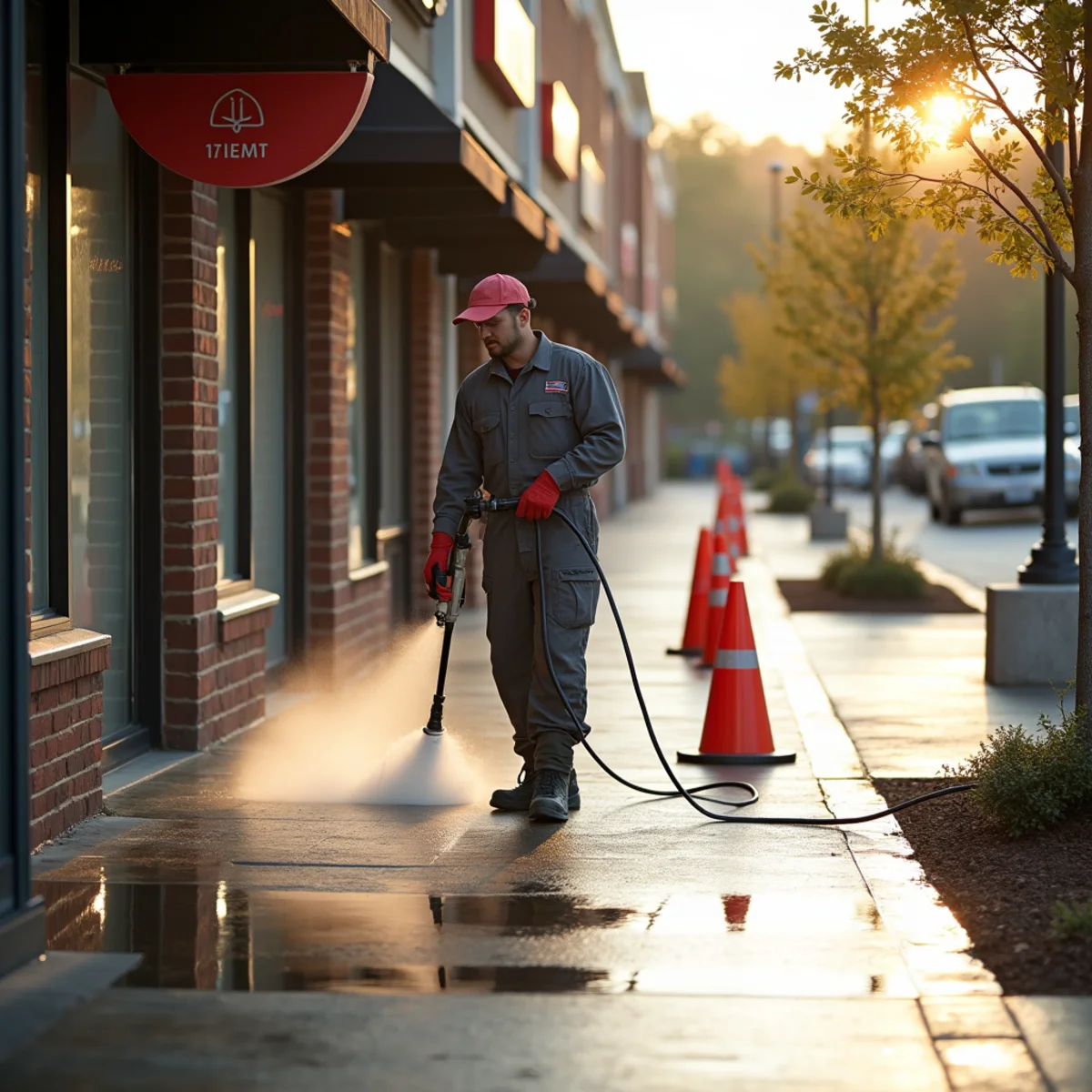 Storefront sidewalk being pressure washed outside a retail business
