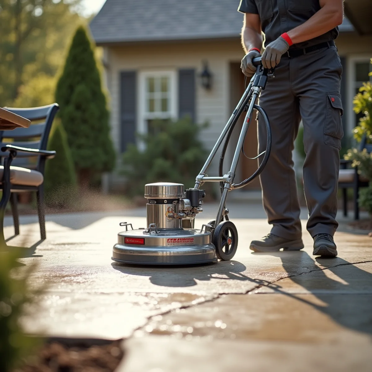 Even, freshly cleaned concrete patio behind a rotary surface cleaner