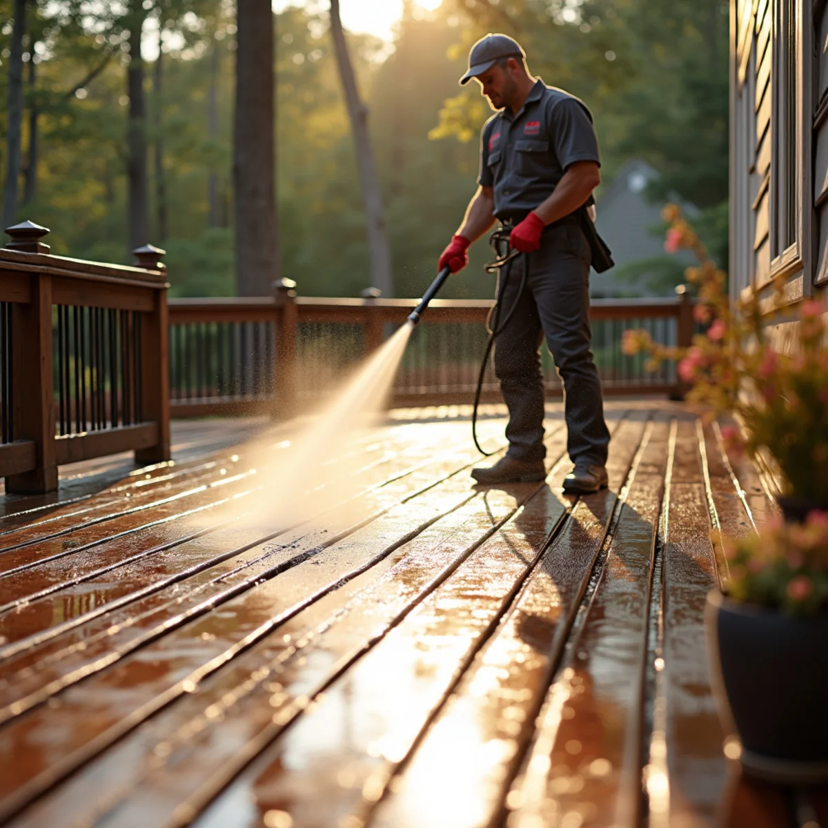 Wood deck being cleaned with a low-pressure rinse to protect the grain