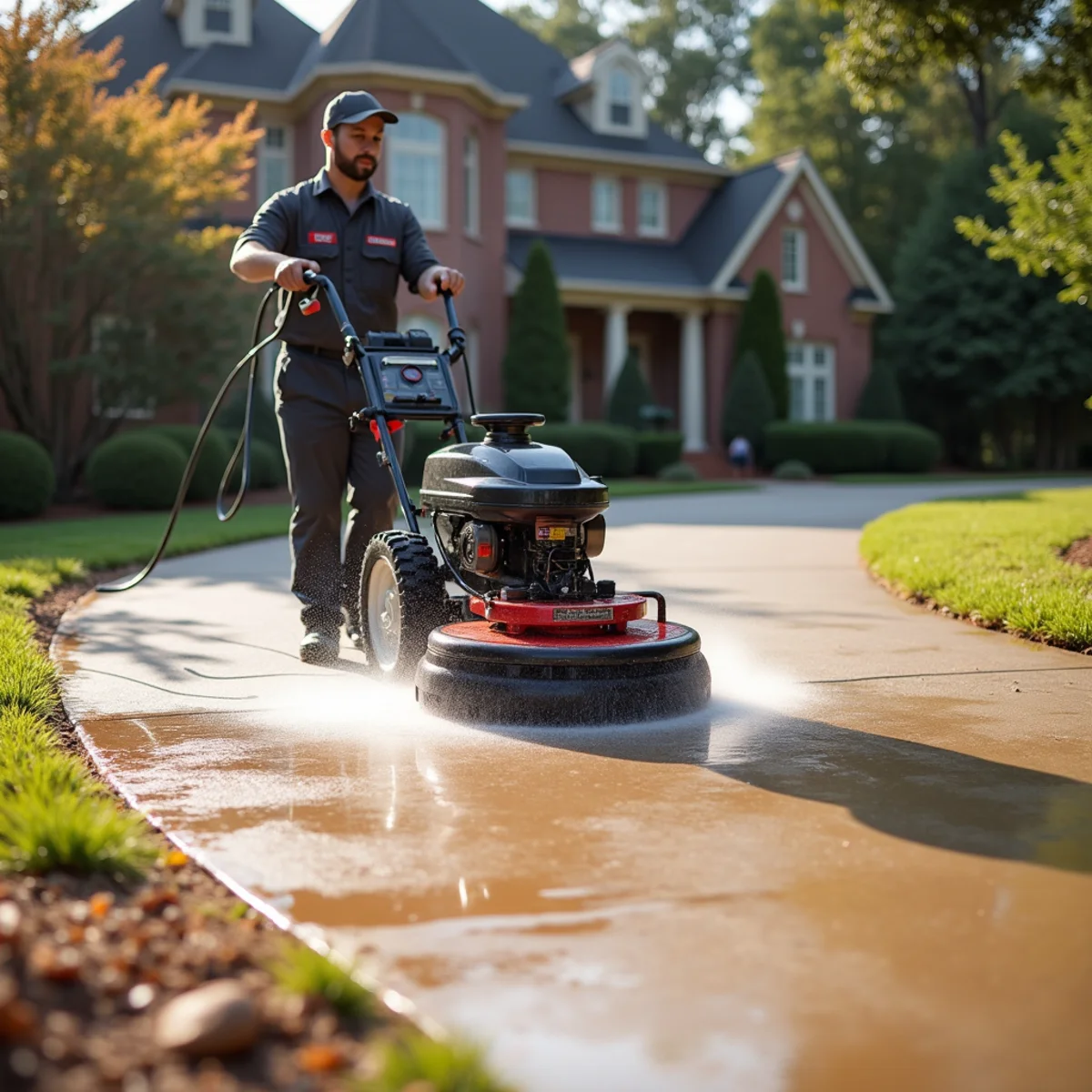 Concrete driveway being cleaned to remove red clay stains and dark buildup