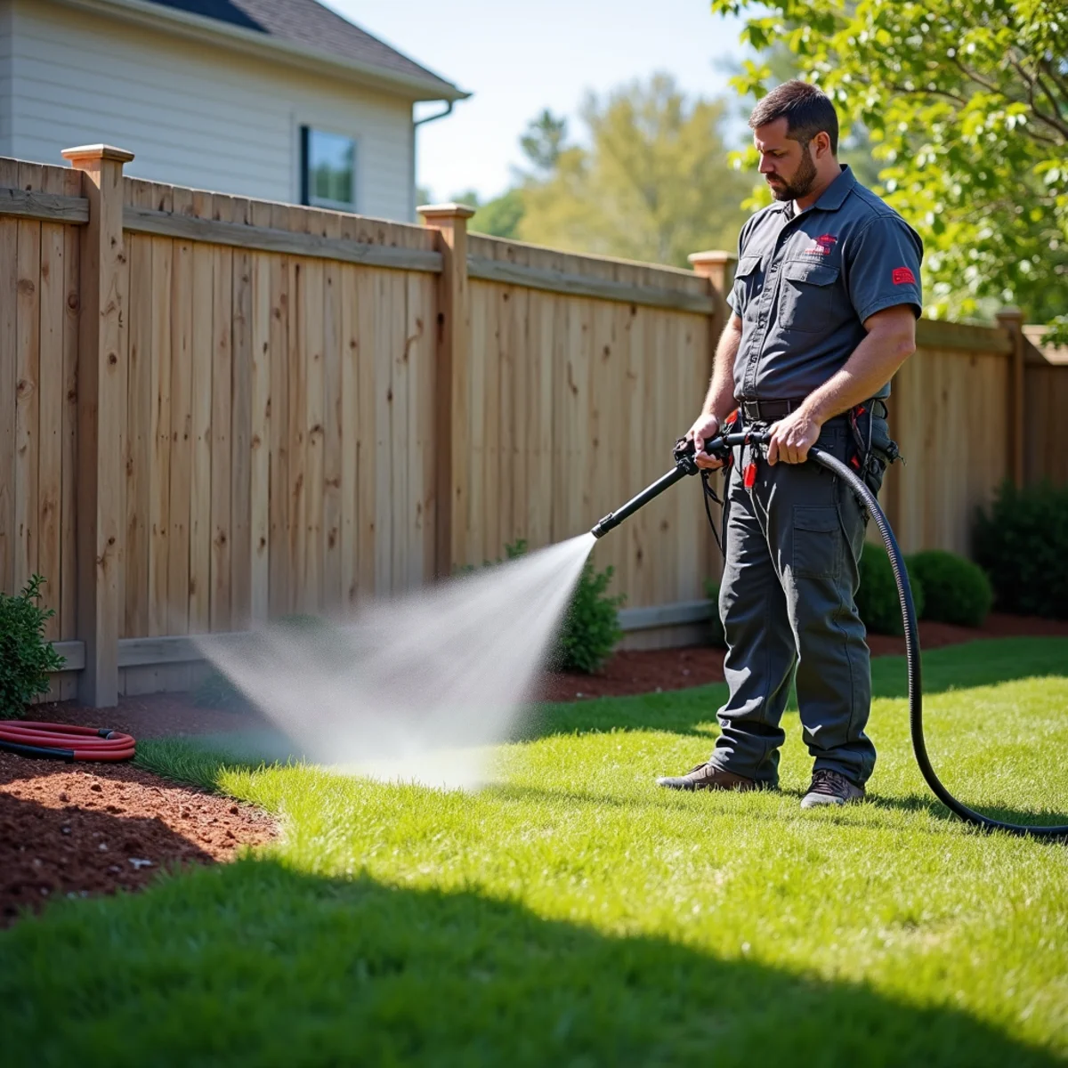 Wood privacy fence being cleaned with a low-pressure rinse