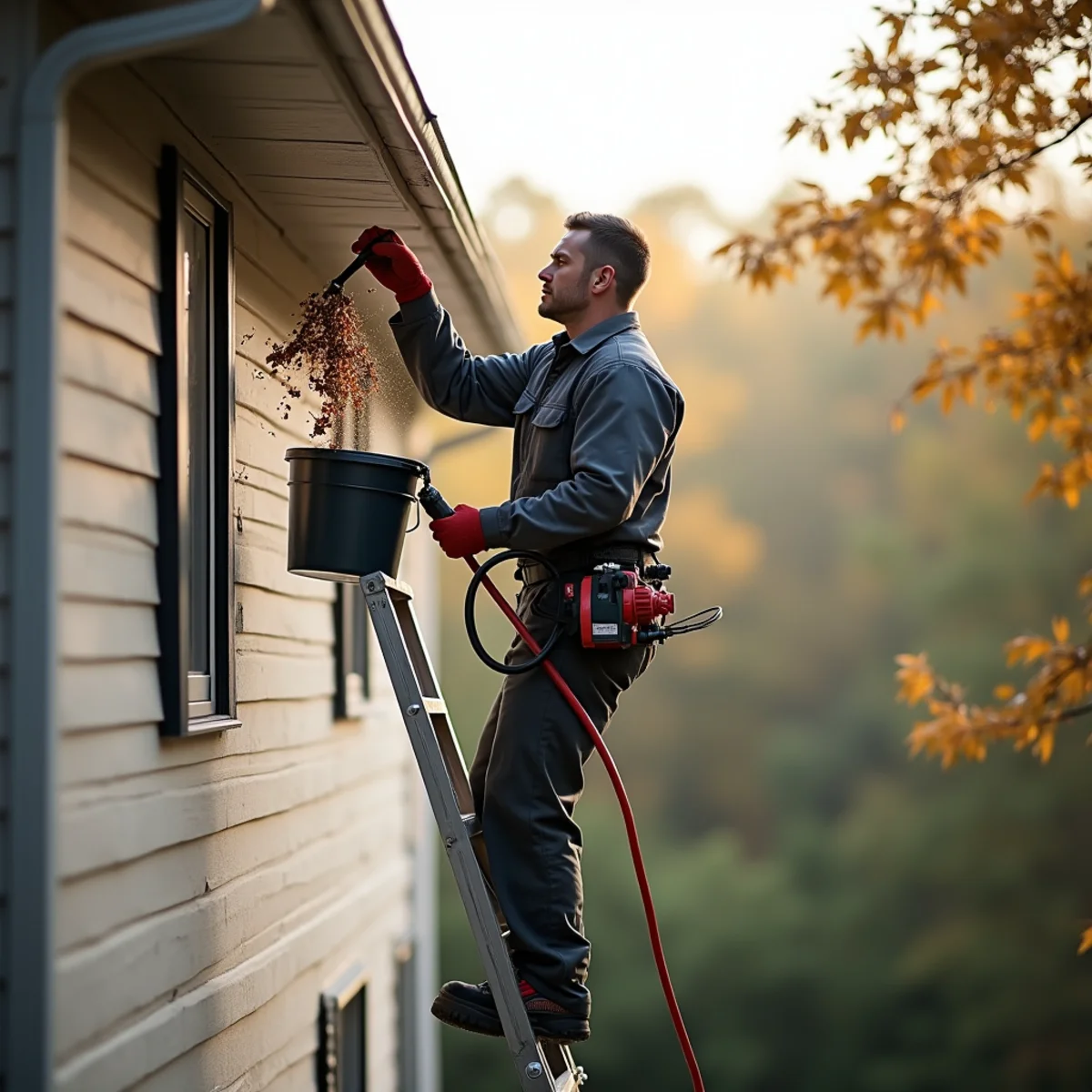 Technician clearing leaves from a home's gutters by hand from a ladder