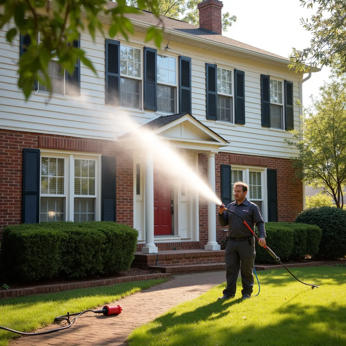 Soft wash rinse flowing down clean vinyl siding on a Georgia home