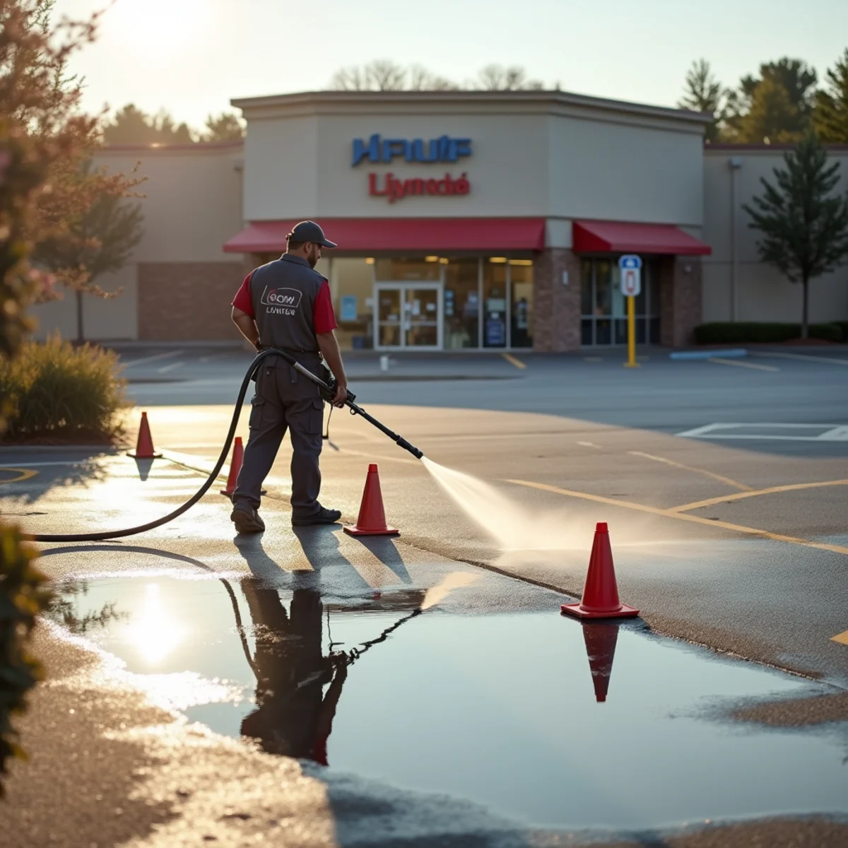 Surface cleaner restoring drive lanes in a commercial parking lot
