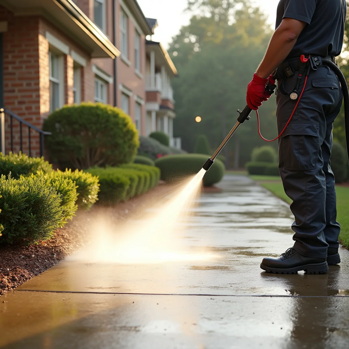 Technician pressure washing a concrete walkway with controlled technique